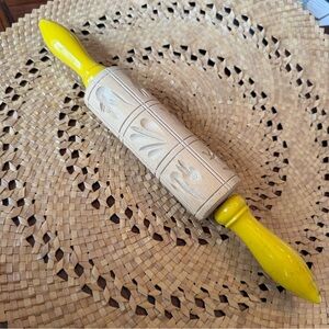Vtg Springerle Rolling Pin Carved Wood German Cookie Mould Bird Flower Duck 14”